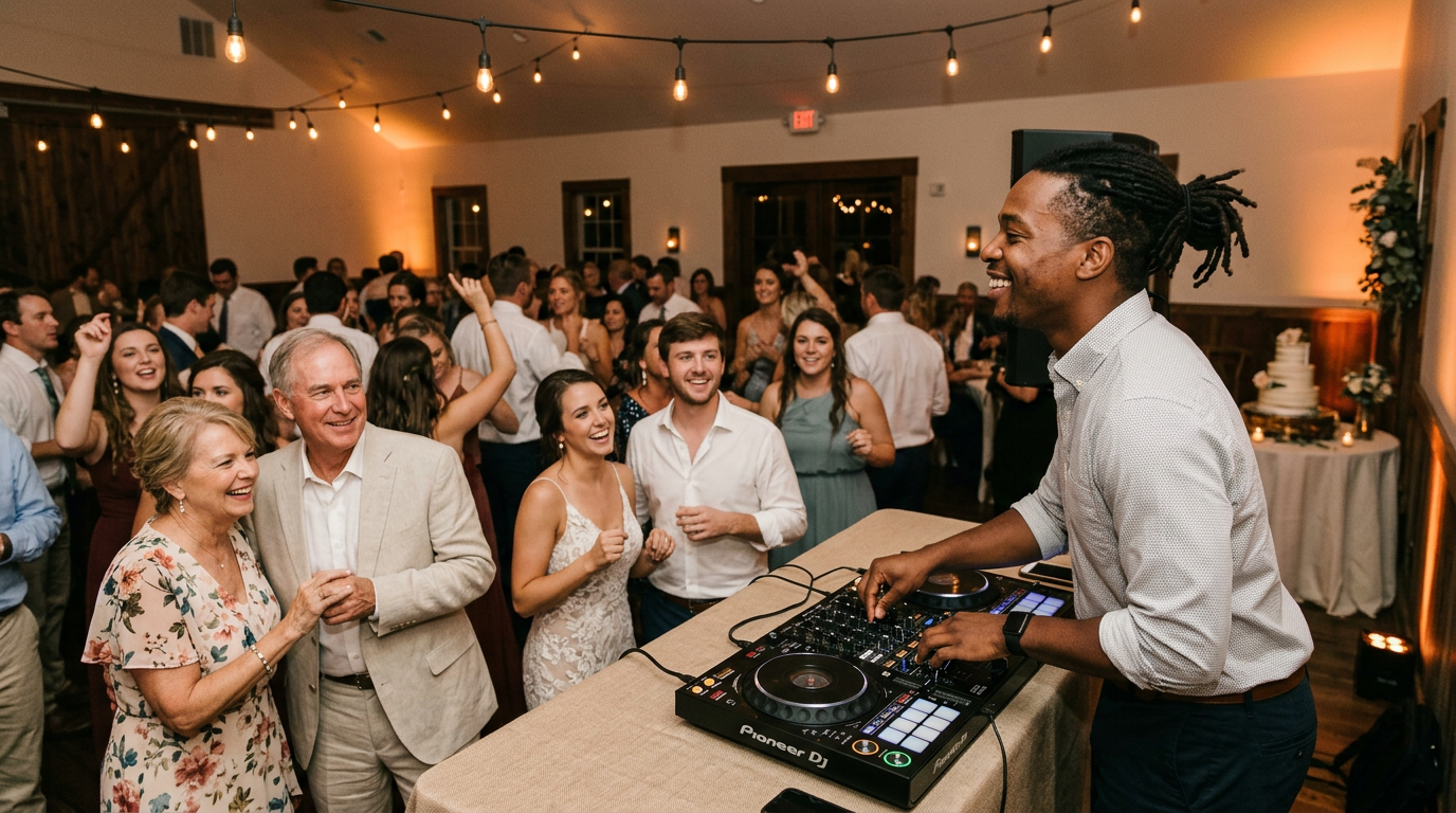 Wedding DJ reading the crowd with hands on the controller while guests dance and smile at a cozy Auburn reception