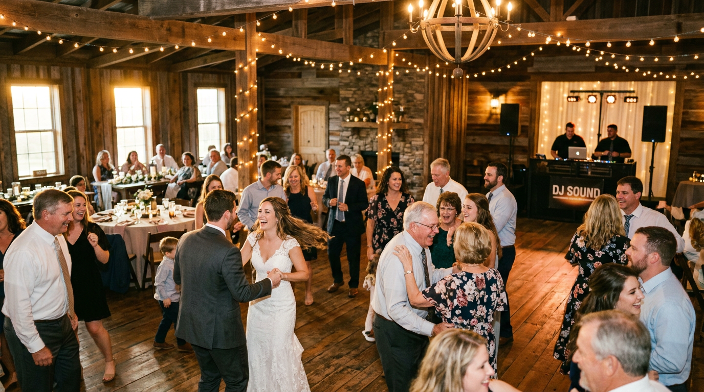Wedding reception in full swing at a Southern Alabama venue with warm string lights, guests dancing, and a DJ booth glowing in the background