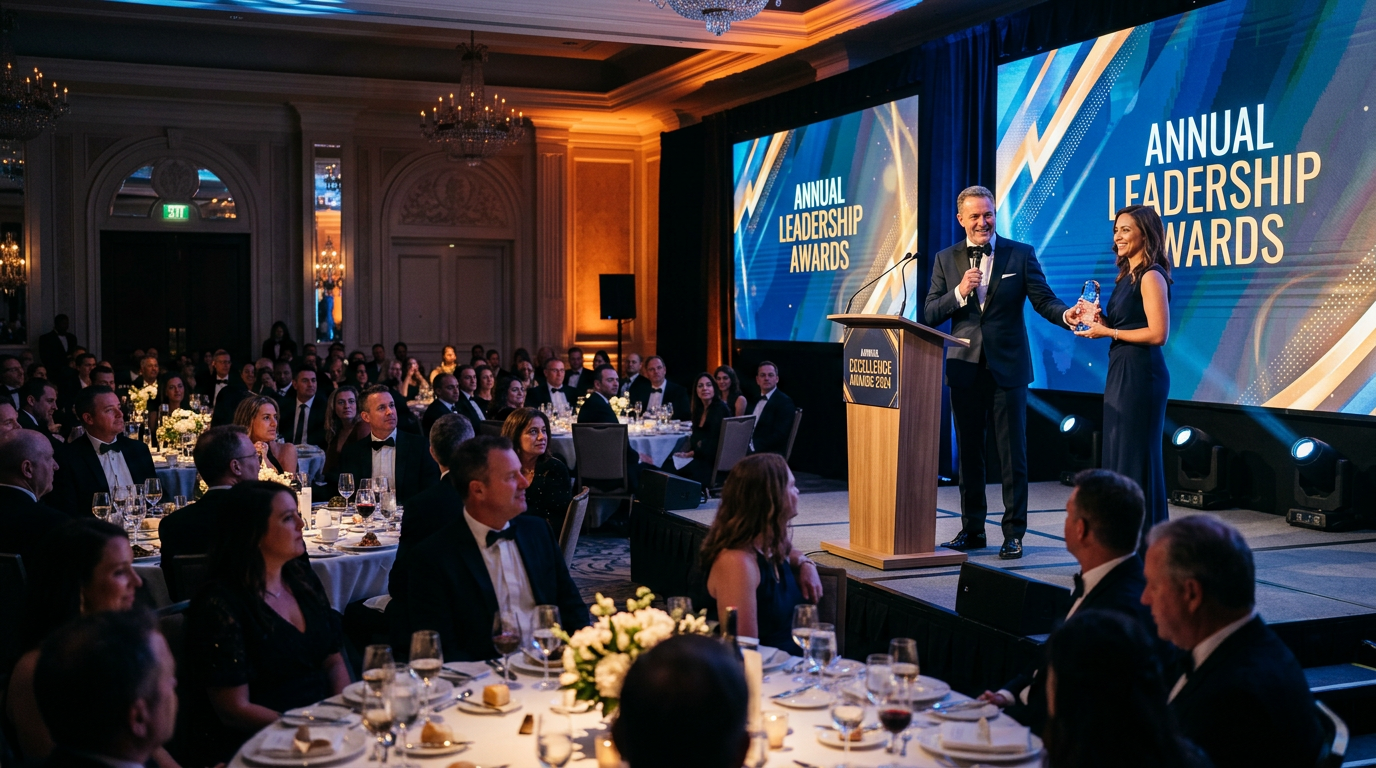 Corporate awards ceremony with dramatic stage lighting in a hotel ballroom