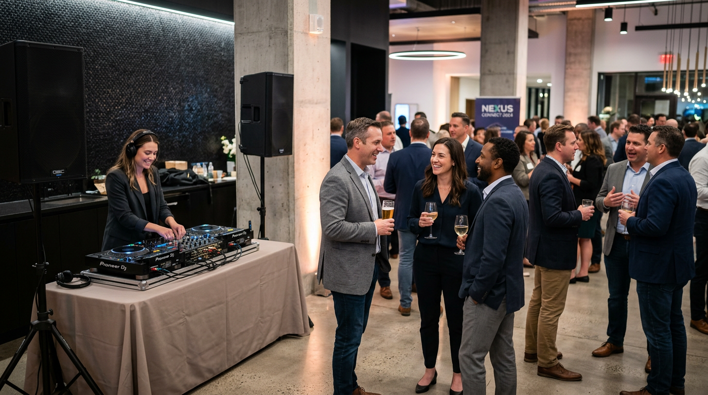 DJ setup at a corporate networking event with professionals mingling