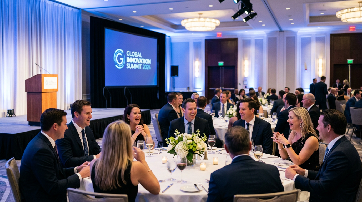 Corporate gala event with stage lighting and dinner tables in an upscale hotel ballroom
