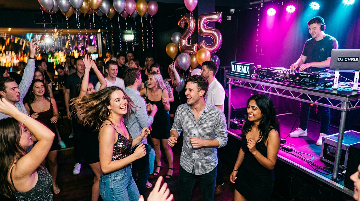 Birthday party with colorful LED lights and guests dancing on the dance floor