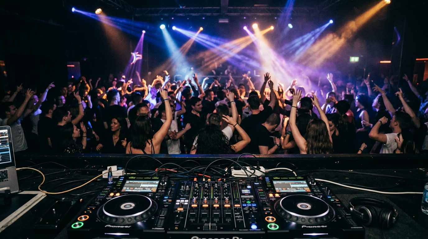 Crowded dance floor with dramatic light beams shot from behind the DJ booth