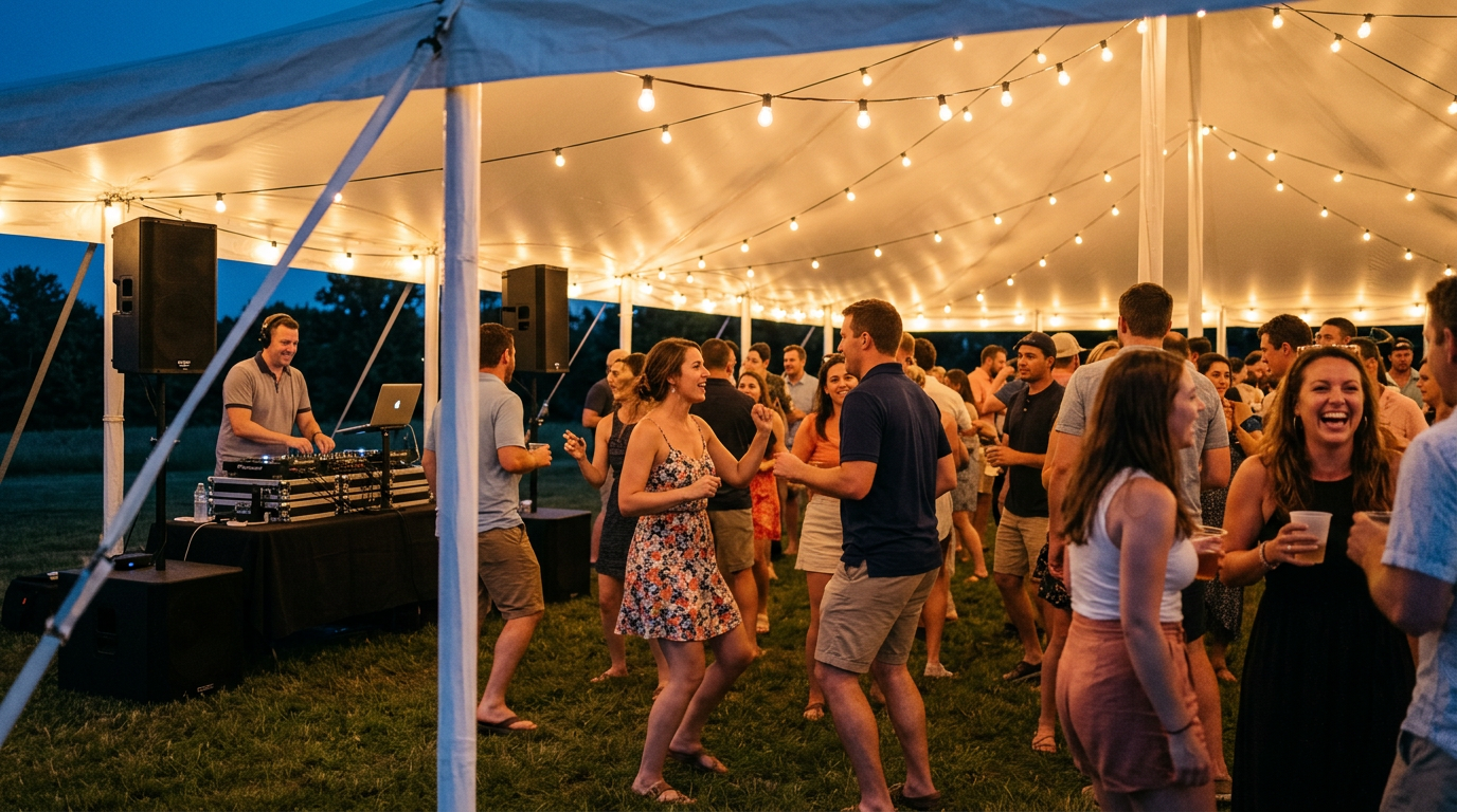 Outdoor tent party at night with string lights and DJ booth under a white canopy