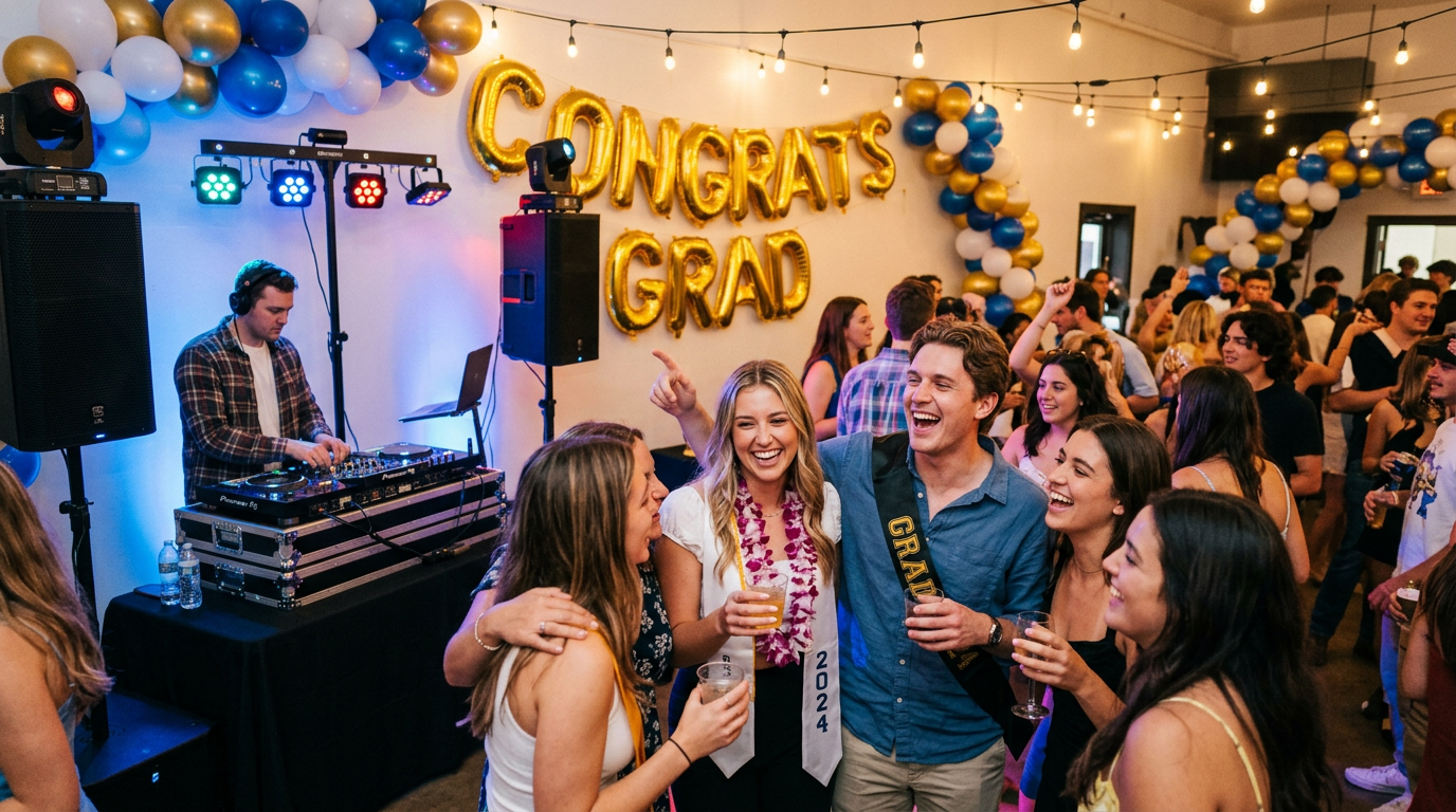 Graduation party celebration with festive decorations and DJ setup