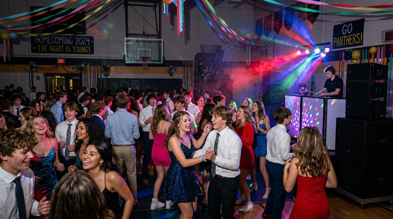 Homecoming dance in a decorated school gymnasium with students dancing under colored lights