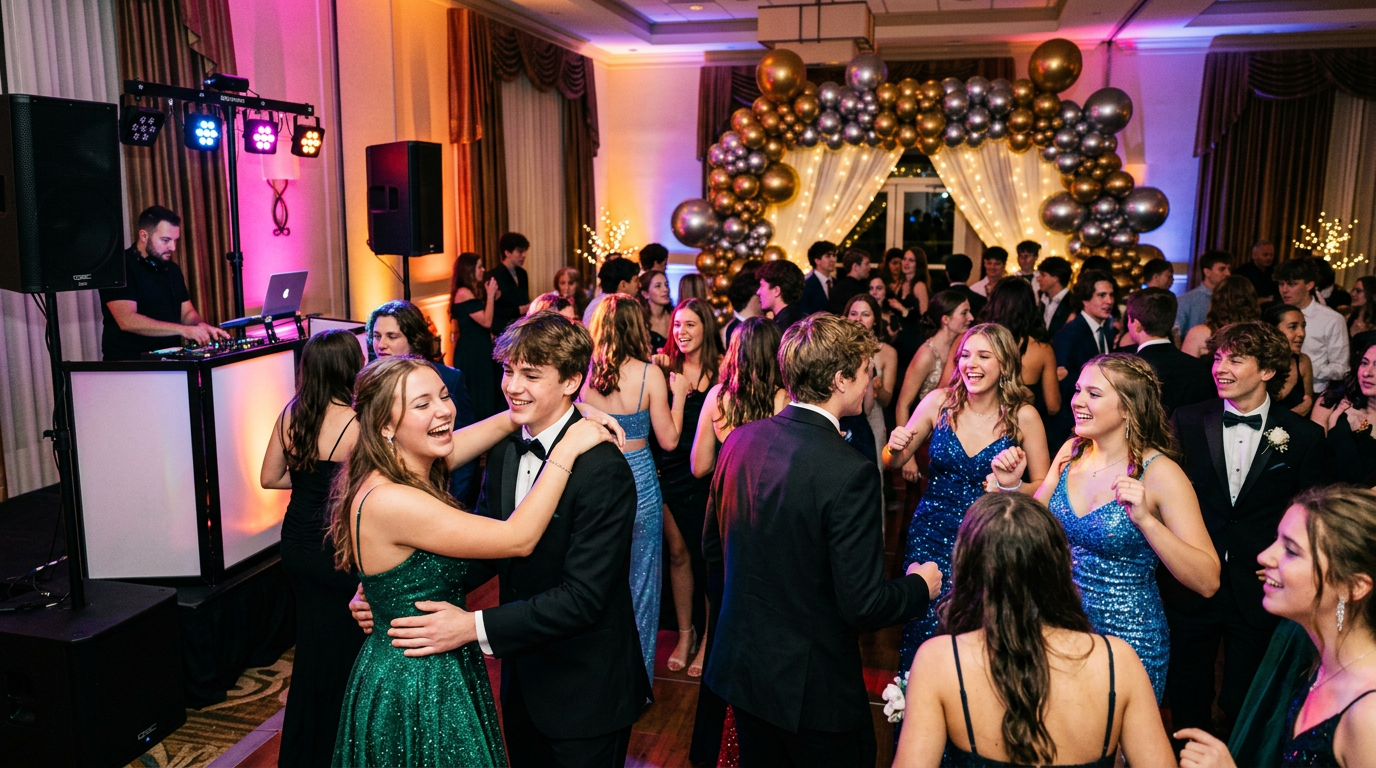 High school prom dance with teenagers in formal attire under colorful DJ lighting