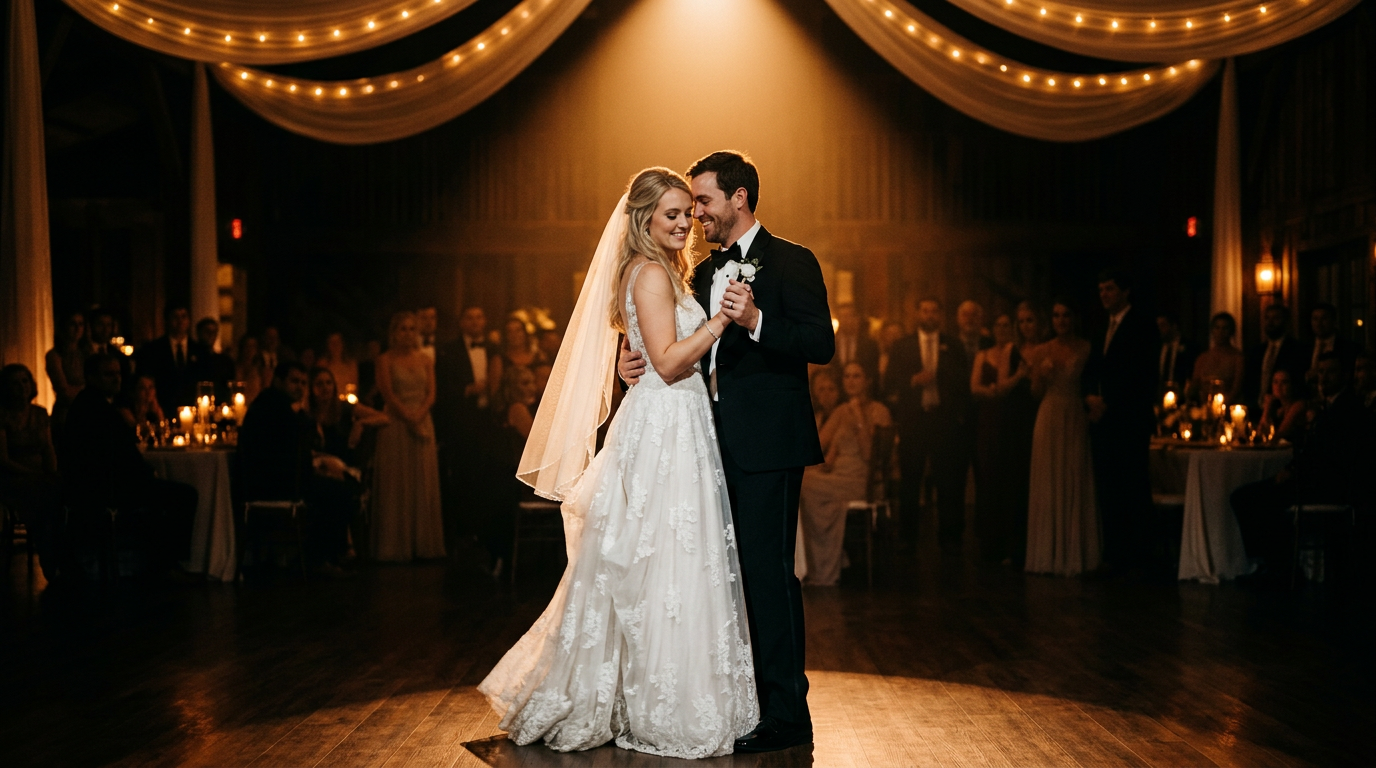 Bride and groom first dance under a warm spotlight at a Southern wedding venue