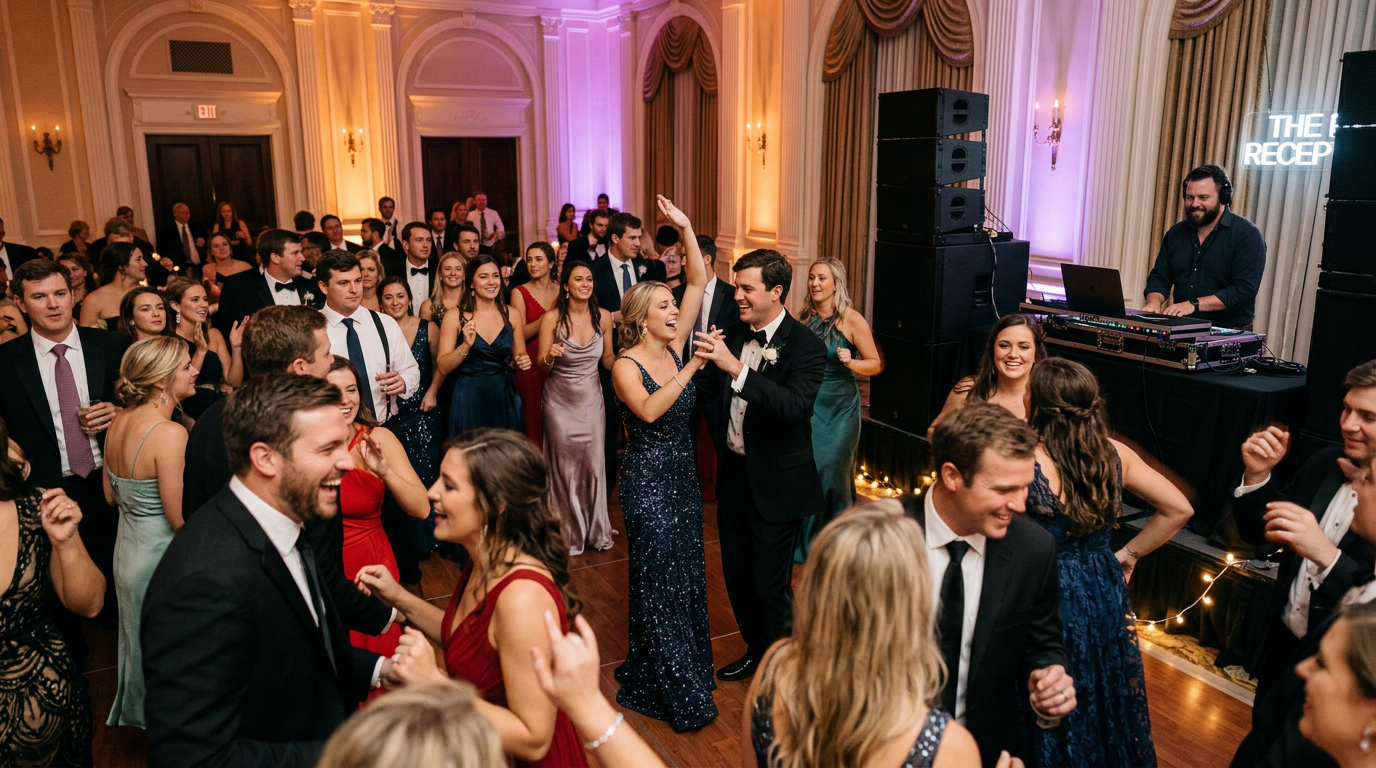 Packed wedding reception dance floor with guests dancing under amber uplighting at an Auburn venue