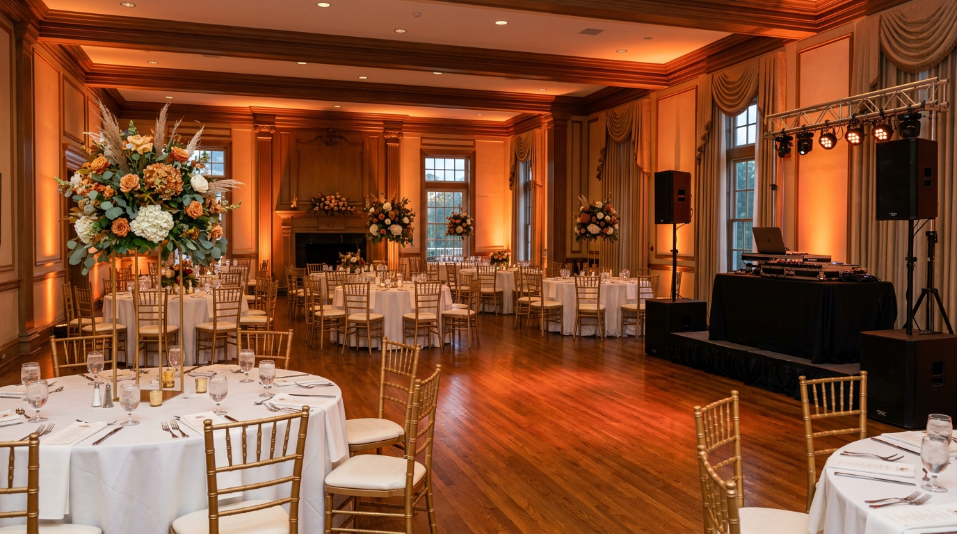 Elegant wedding ballroom with warm amber uplighting and round tables set for dinner